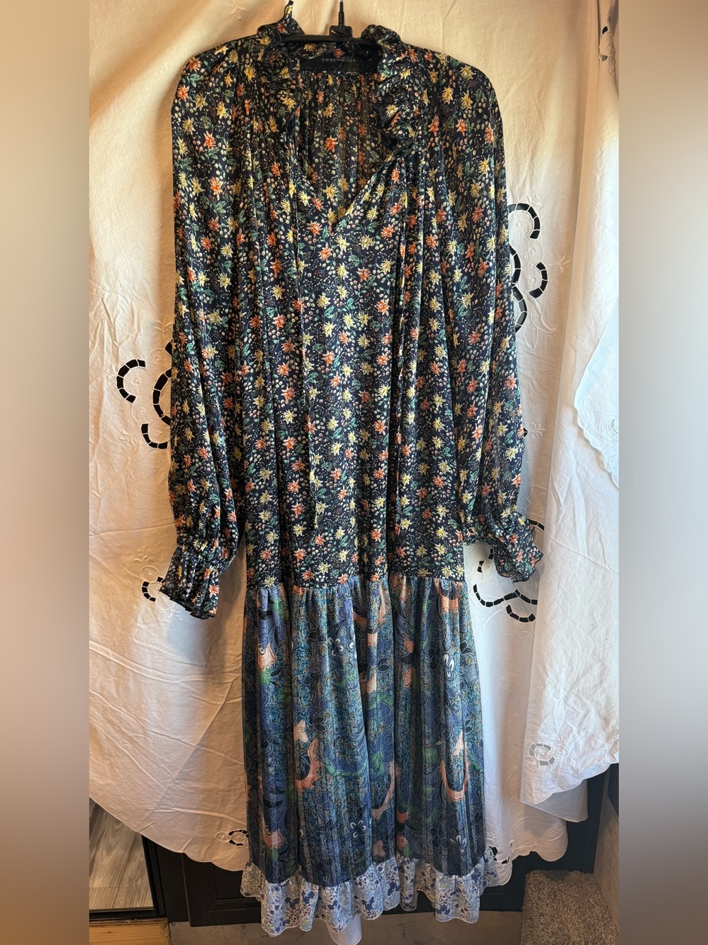 Code x Mode Boho Floral Tiered Maxi cottage Dress lagenlook Navy Floral M